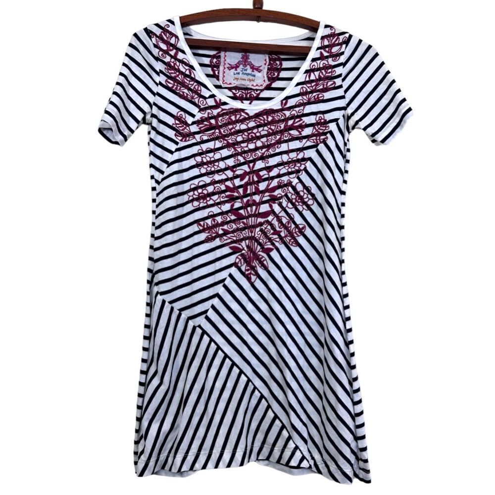 Johnny Was Los Angeles Embroidered Striped Short Sleeve Tunic Size XS